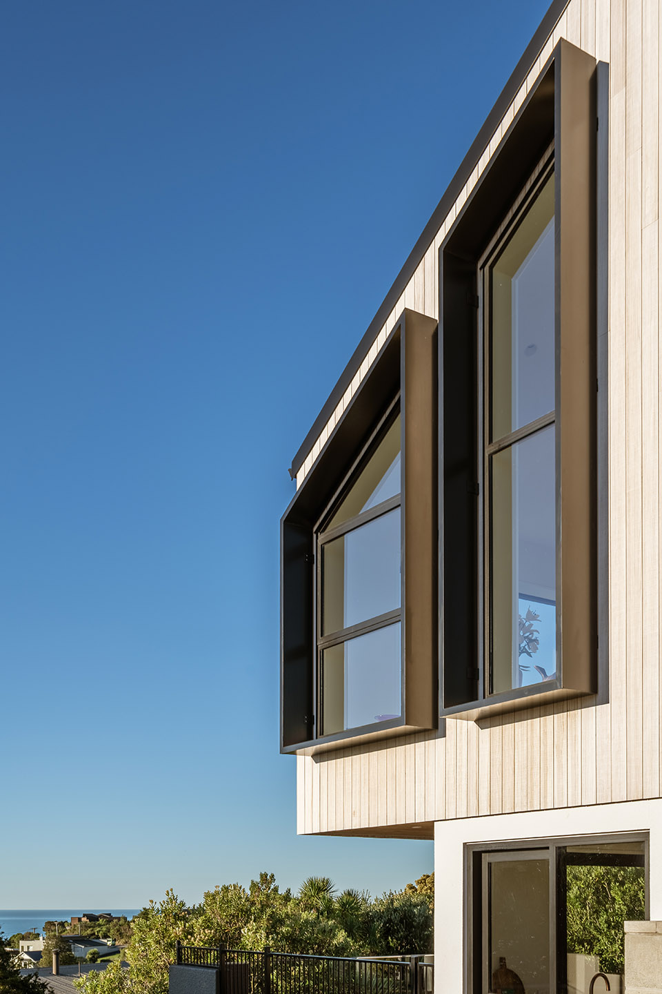 Revelation III upper façade with vertical timber cladding and deep dark window surrounds, with the coastline visible below.